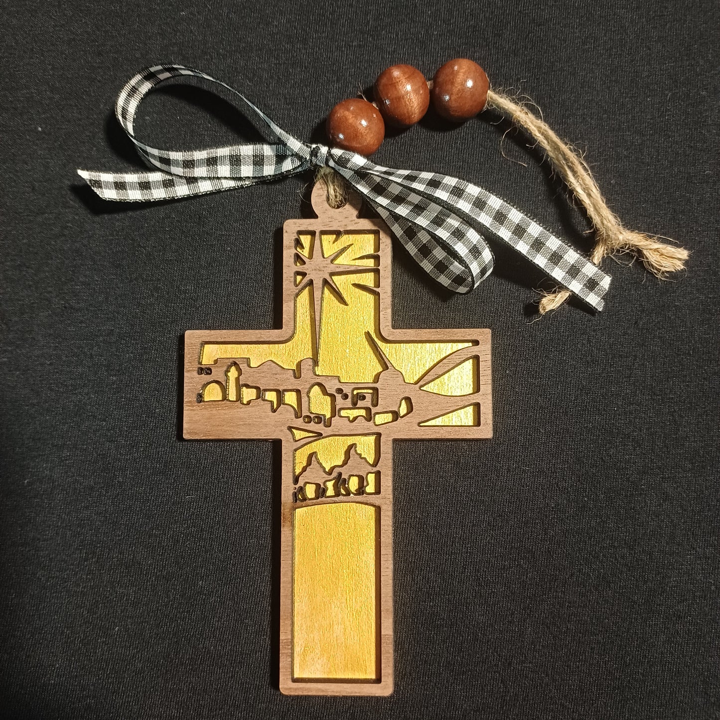 Three Wise Men Cross Ornament (Walnut & Metallic Gold)